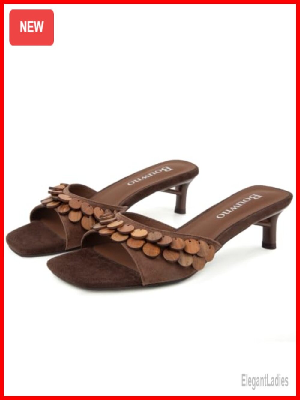 Suede Kitten Heel Slide Sandals with Wood Tassel Slip On Mule